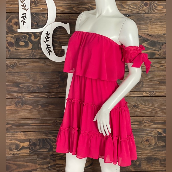 Lulus | Off Shoulder Tiered Ruffle Babydoll Mini Dress Hot‎ Pink Bow Tie Sleeves - Picture 5 of 12